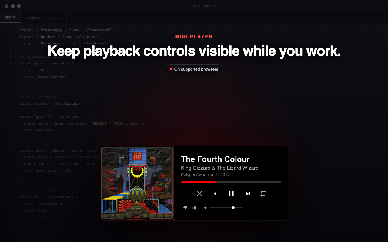 YTM Enhancer Mini Player showing compact playback controls