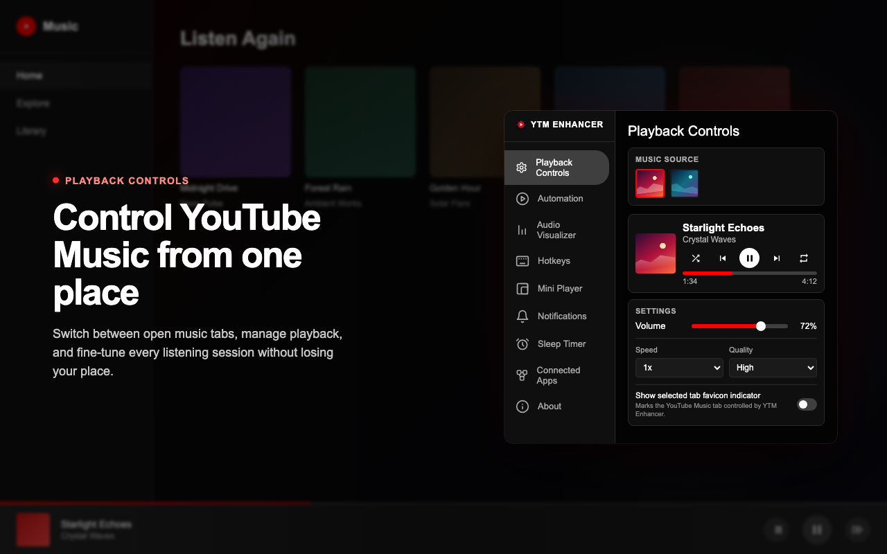 YTM Enhancer playback controls inside the extension popup