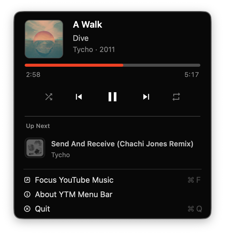 YTM Menu Bar showing playback details, controls, and the next track